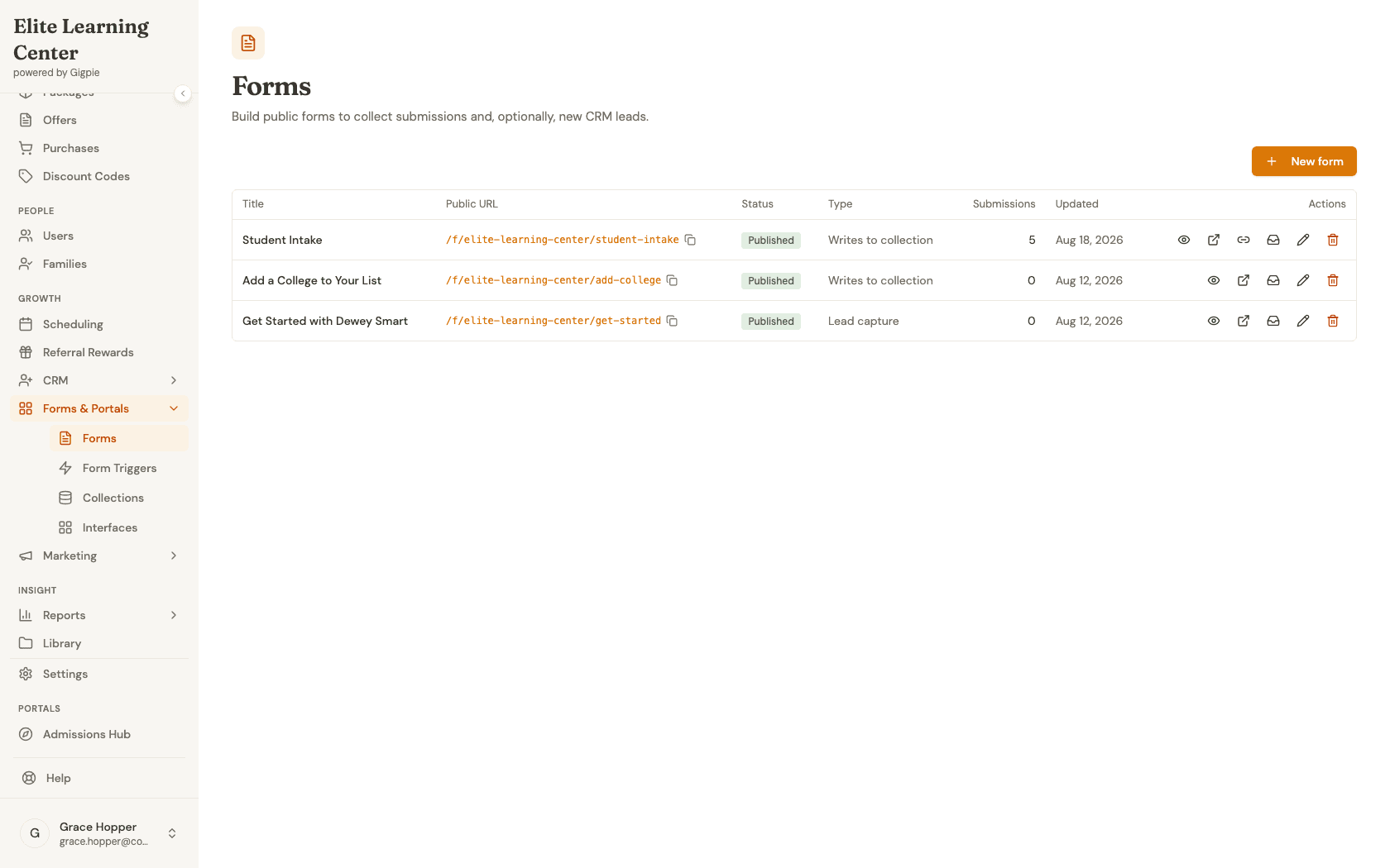 Forms page listing the company's forms with public URLs, publish status, type, and submission counts