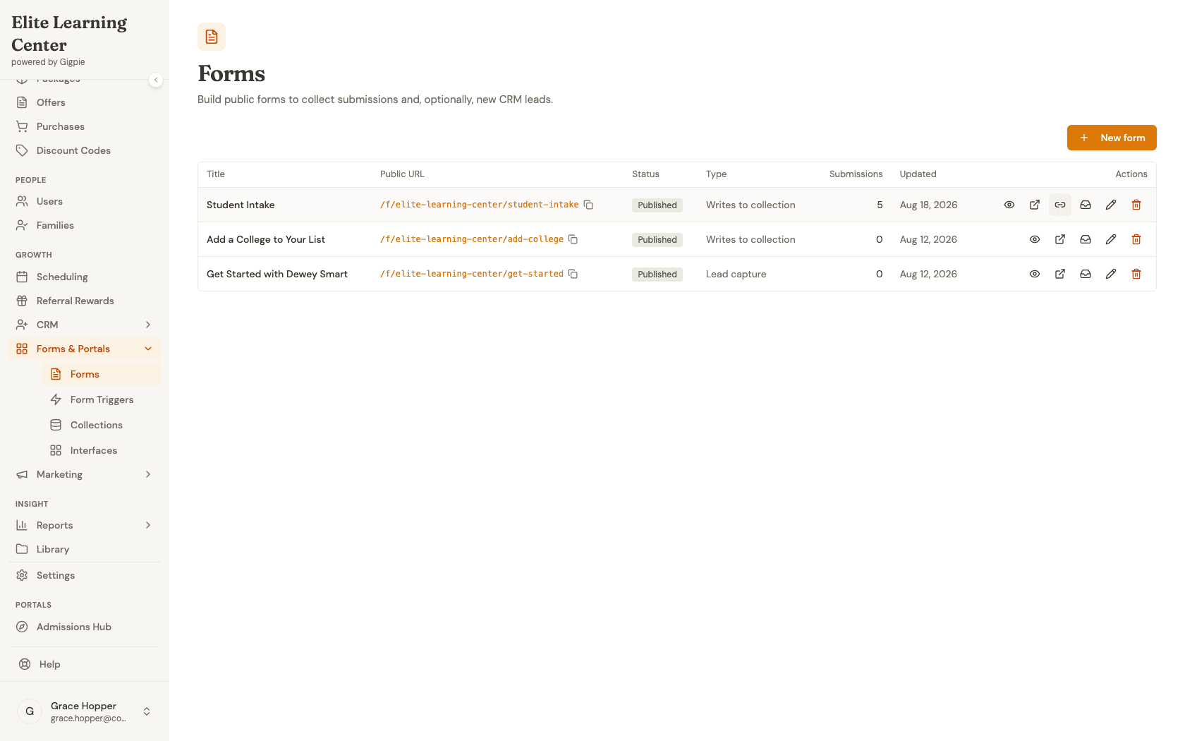 Student Intake row on the Forms page with the Create personalized link icon highlighted in its Actions column
