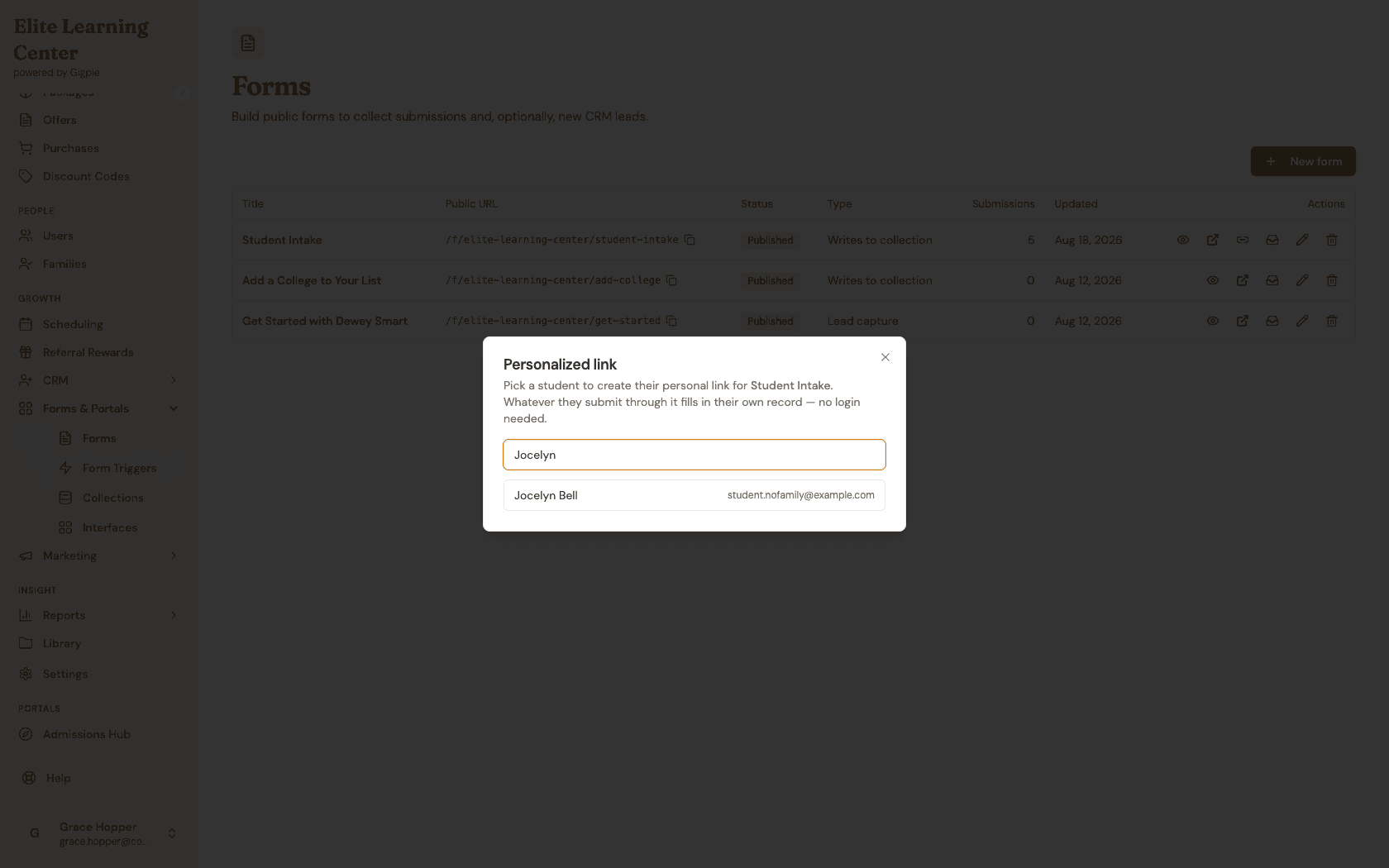 Personalized link dialog for Student Intake with a student search box and a matching student result showing name and email