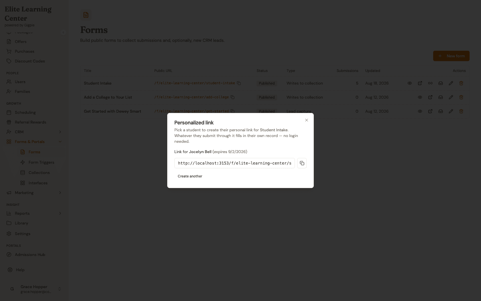 Personalized link dialog showing the generated URL for a student with its copy button, expiry date, and a Create another button