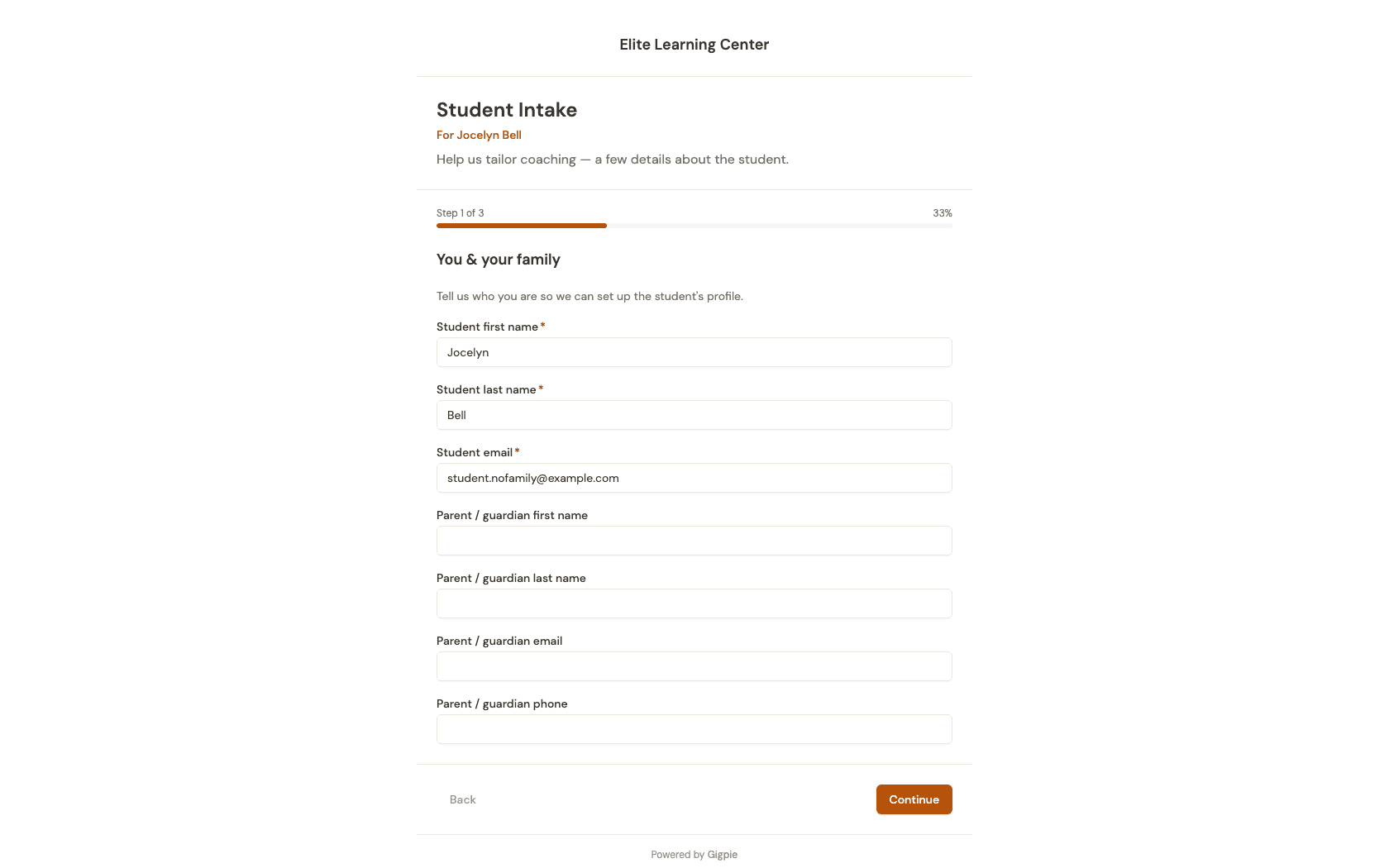 Public Student Intake form opened through a personalized link, showing the For Jocelyn Bell banner and prefilled student name and email