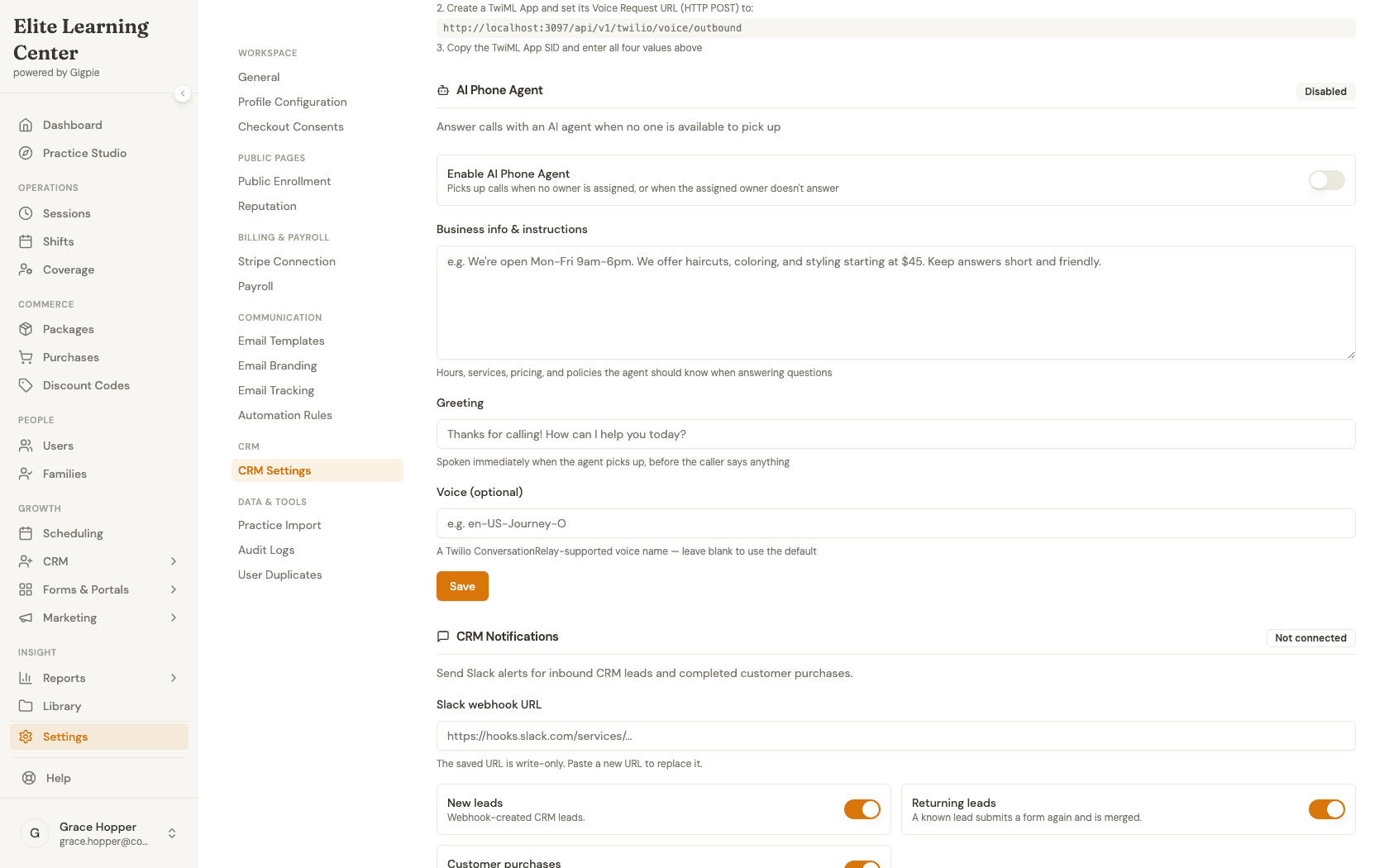 AI Phone Agent settings panel with an Enable toggle, Business info and instructions textarea, Greeting field, and Voice field