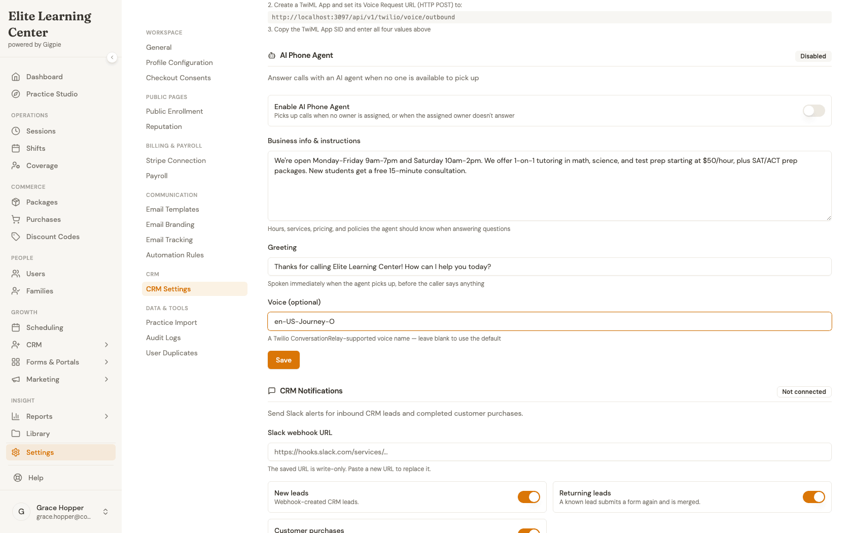 AI Phone Agent panel filled in with business hours and services, a greeting, and a specific voice name
