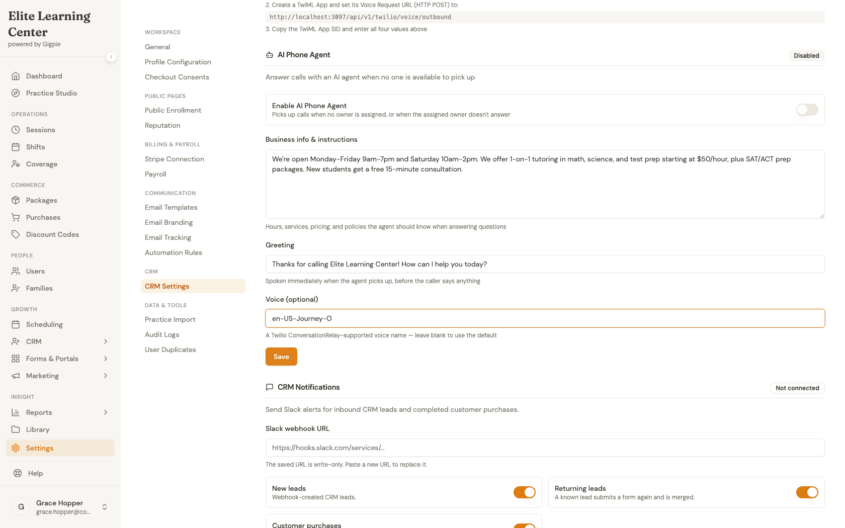 AI Phone Agent panel with the Save button ready to submit the filled-in configuration