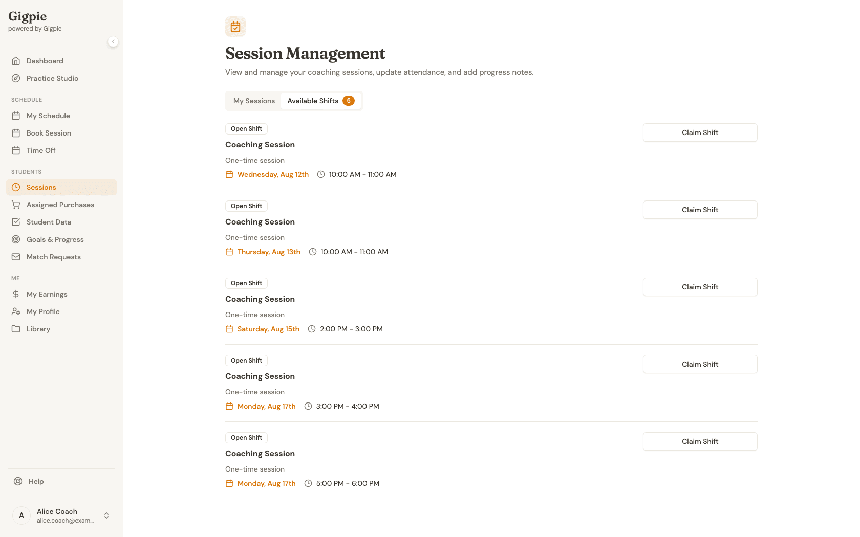 Available Shifts tab listing open coaching sessions with date, time, and a Claim Shift button