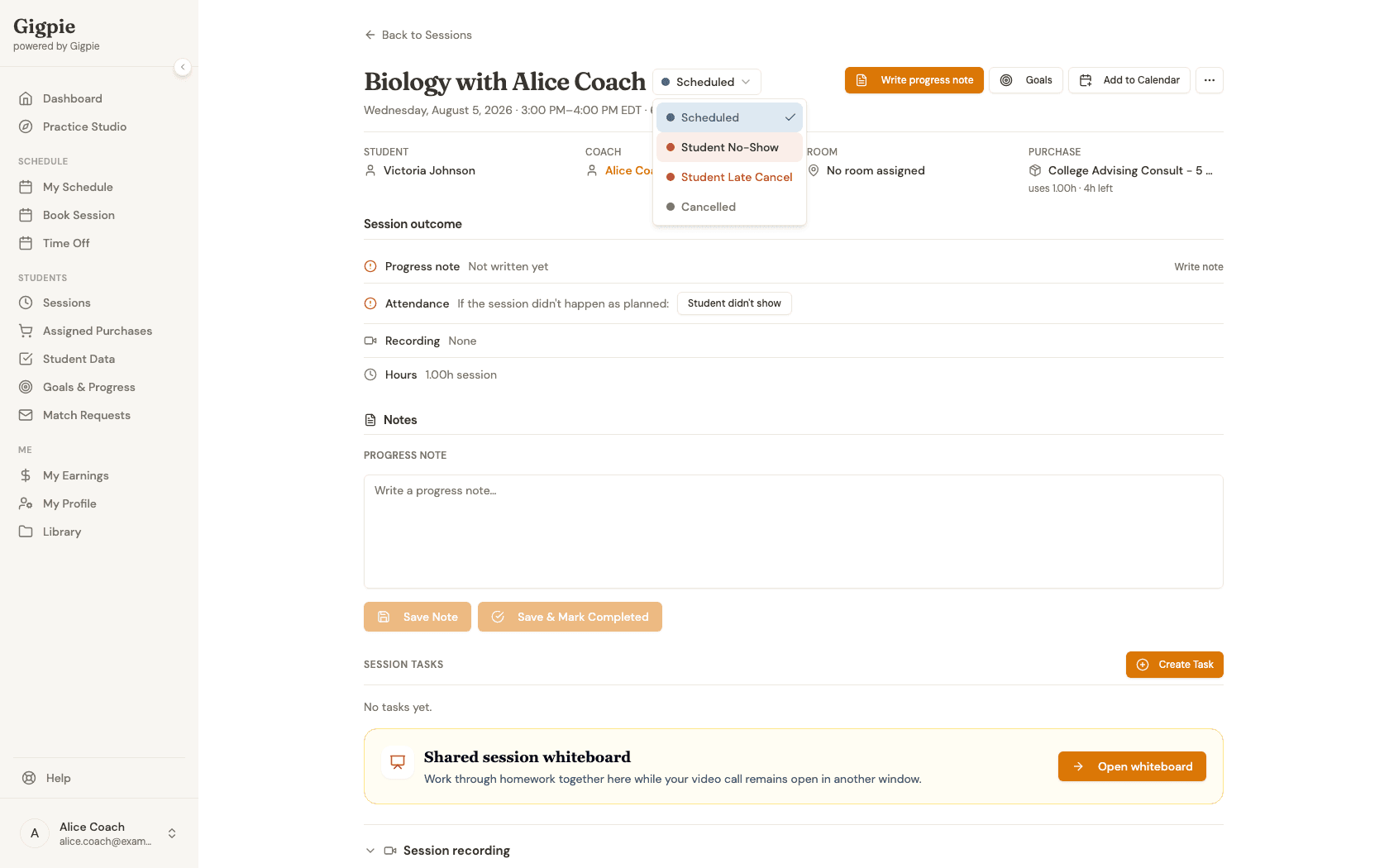 Status dropdown open with Student No-Show, Student Late Cancel, and Cancelled options