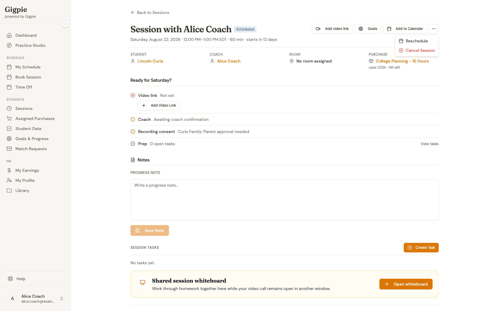 Session actions menu open, showing Reschedule and Cancel Session options