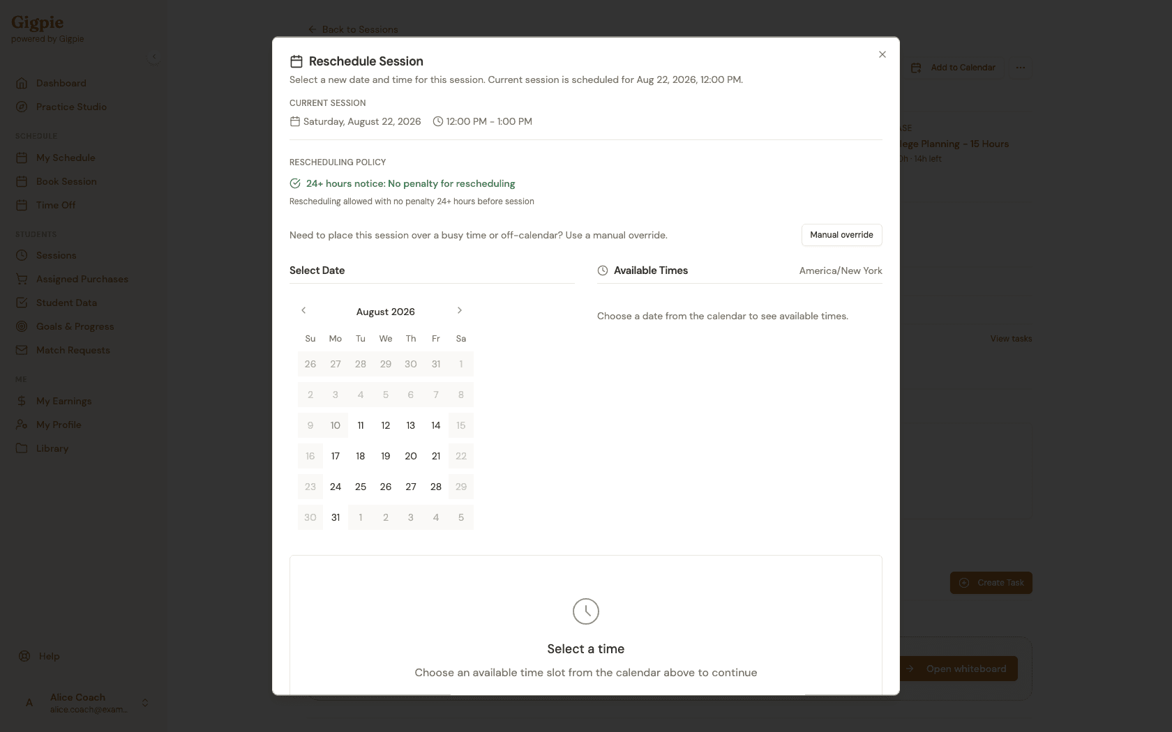Reschedule Session dialog with a date picker for choosing a new time