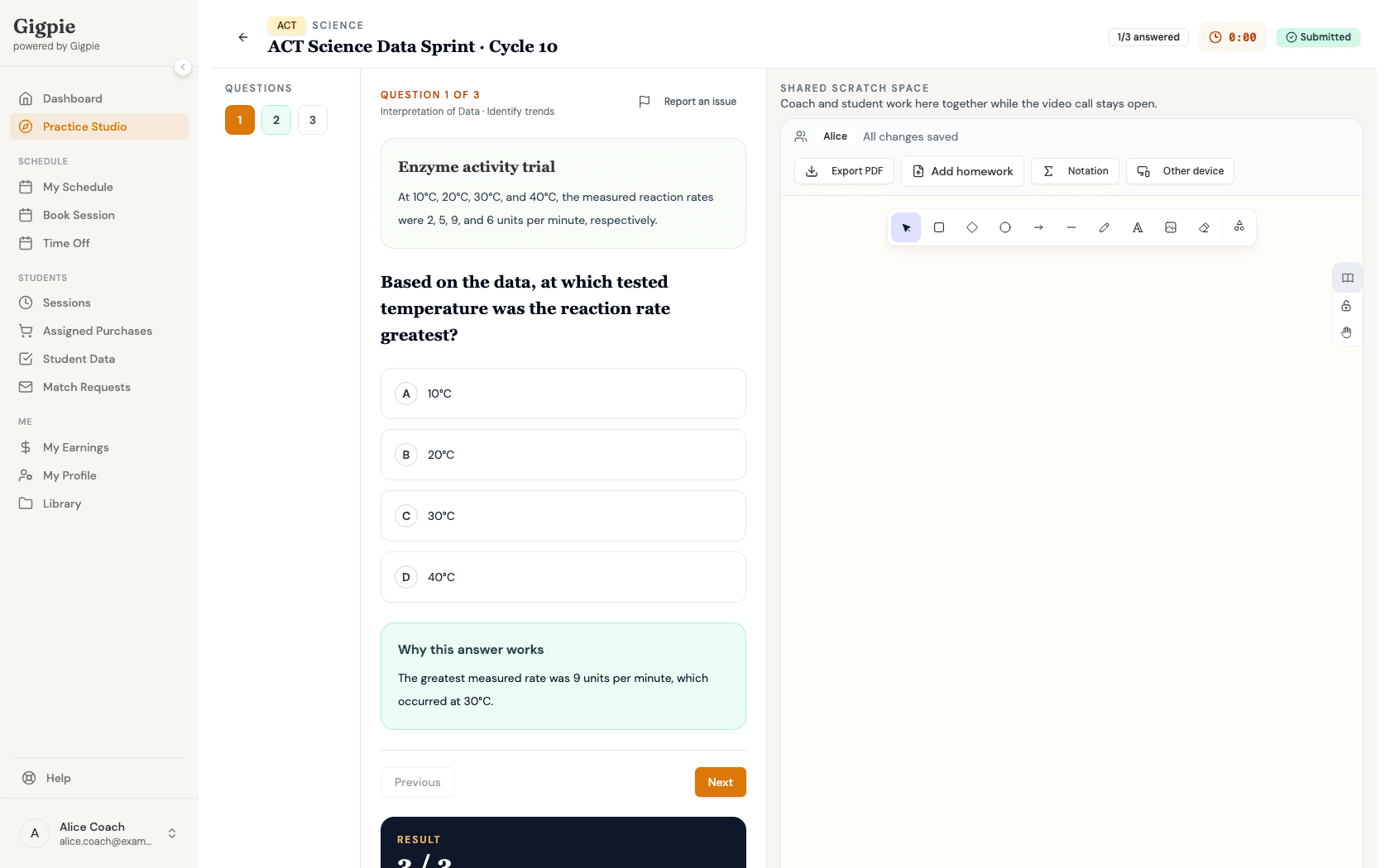 Submitted attempt open for review, showing the first question, its worked explanation, and the answered-question progress and Submitted badges