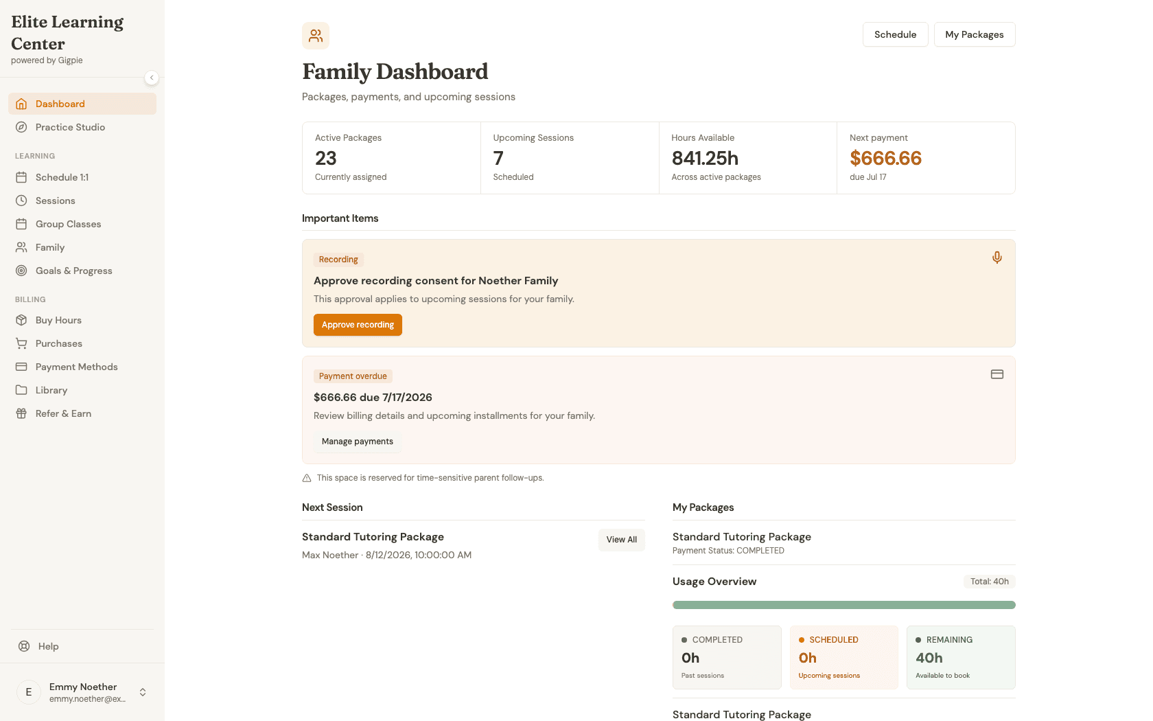 Family Dashboard after signing in as a parent