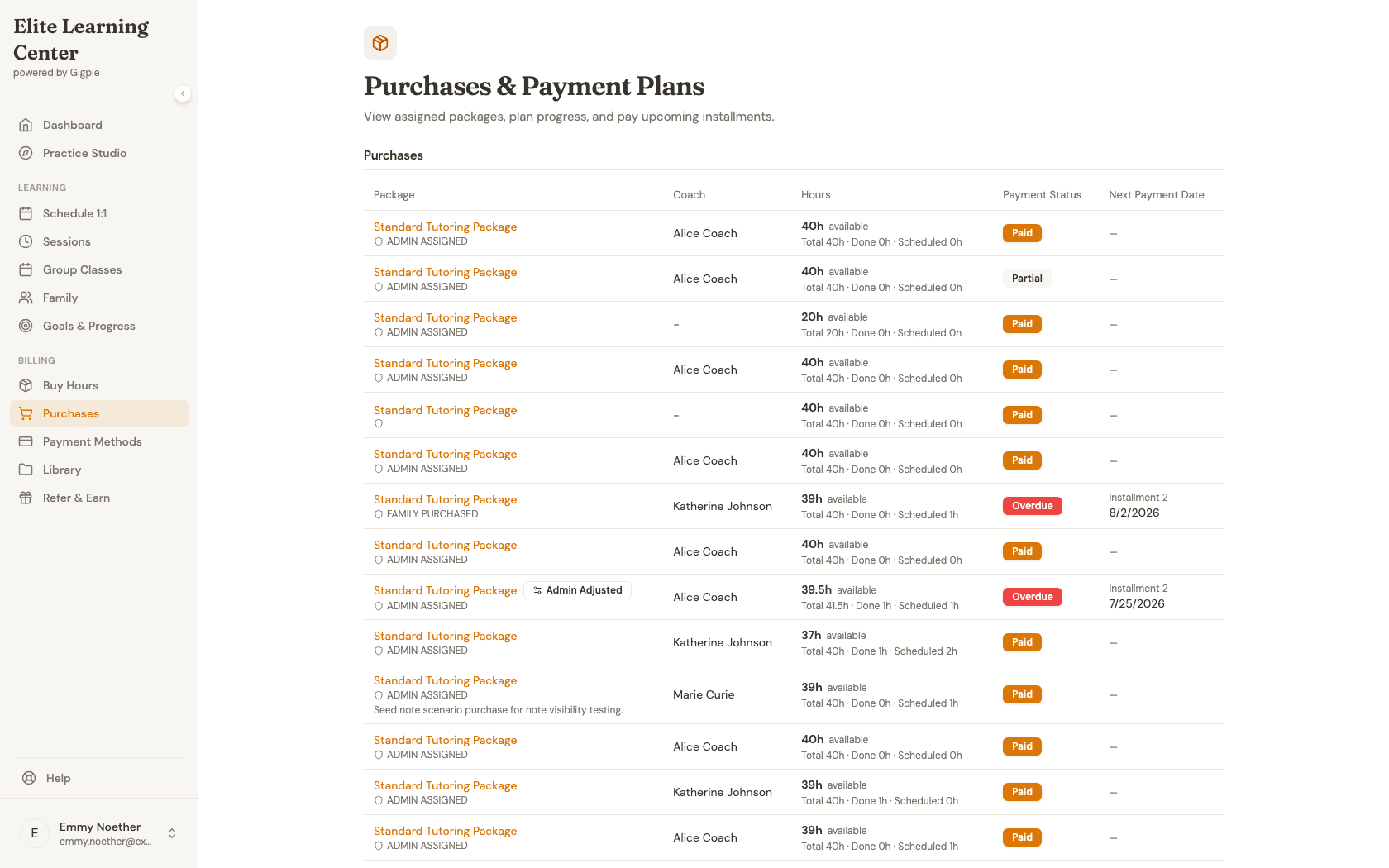 Purchases and Payment Plans page listing assigned packages with payment status and next payment date