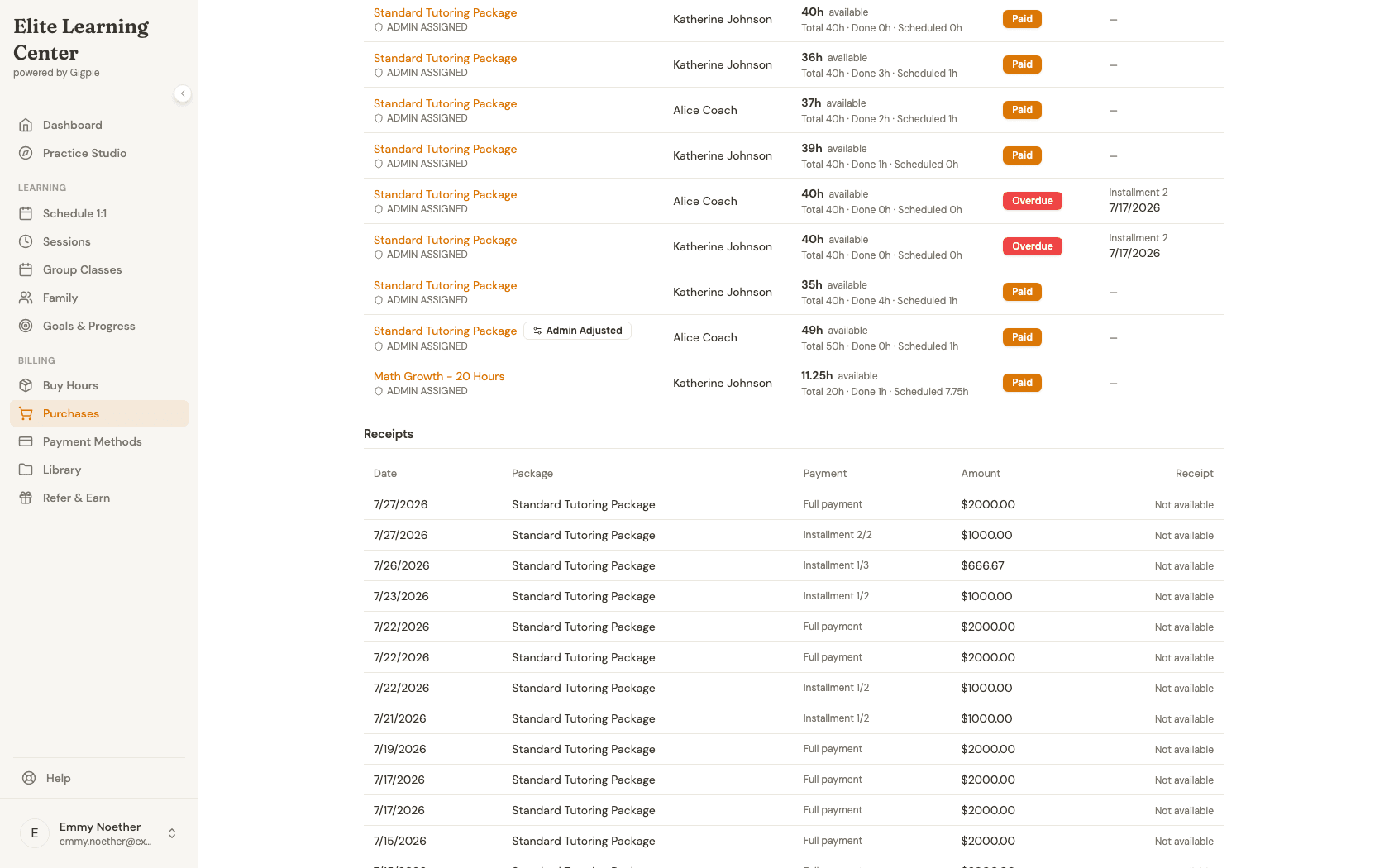 Receipts section listing dated payments with package, amount, and a Receipt column; payments without a Stripe receipt on file read Not available