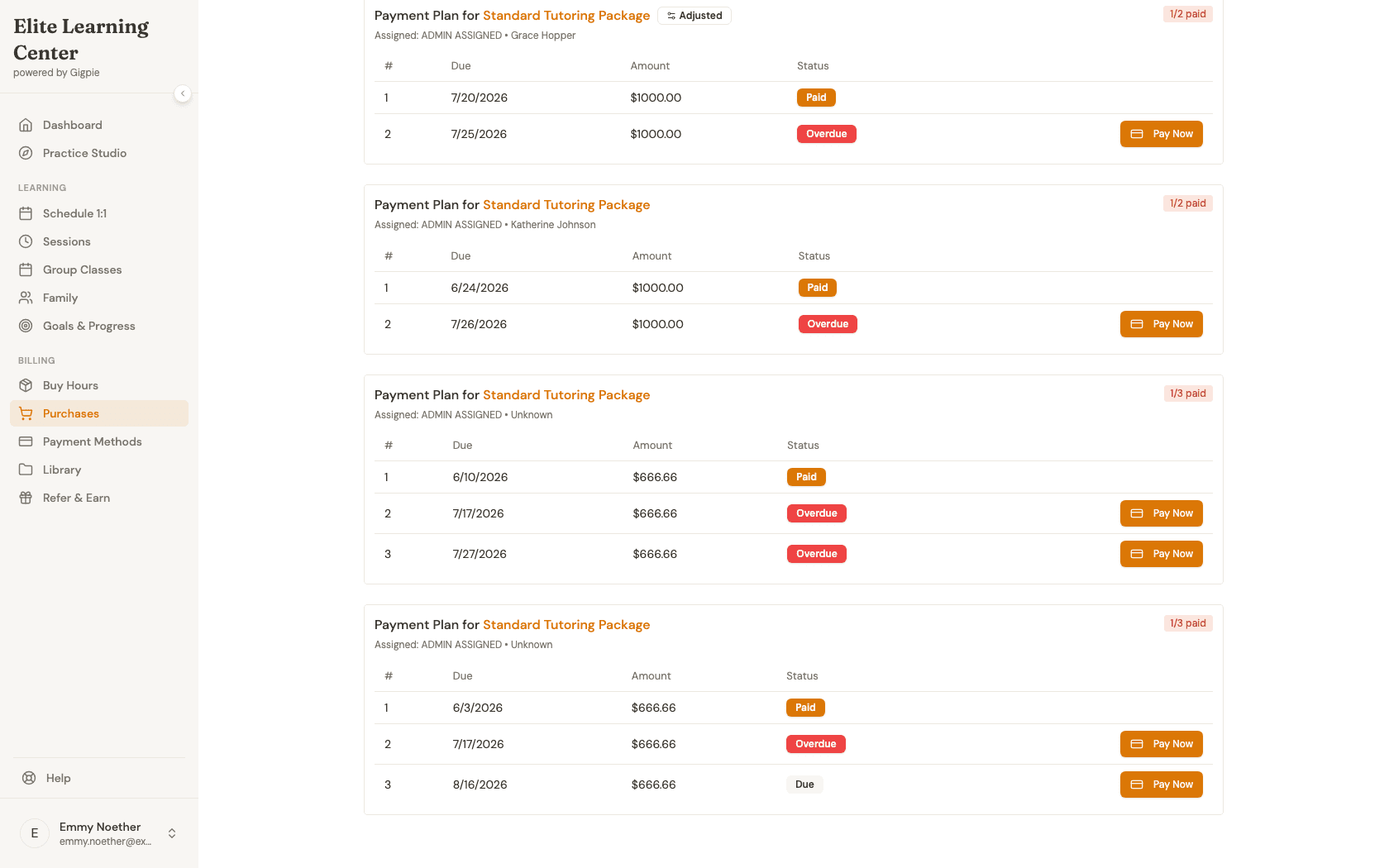 Payment plan card showing three installments with Paid, Overdue, and Due status badges