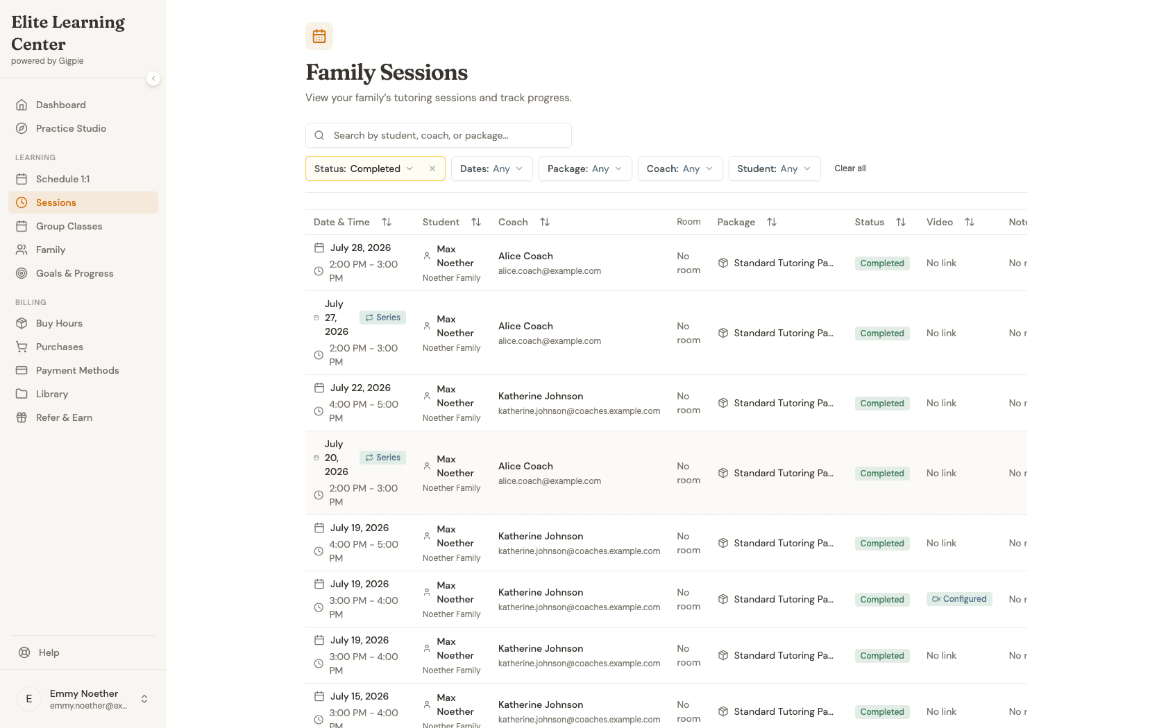 Family Sessions page filtered to completed sessions