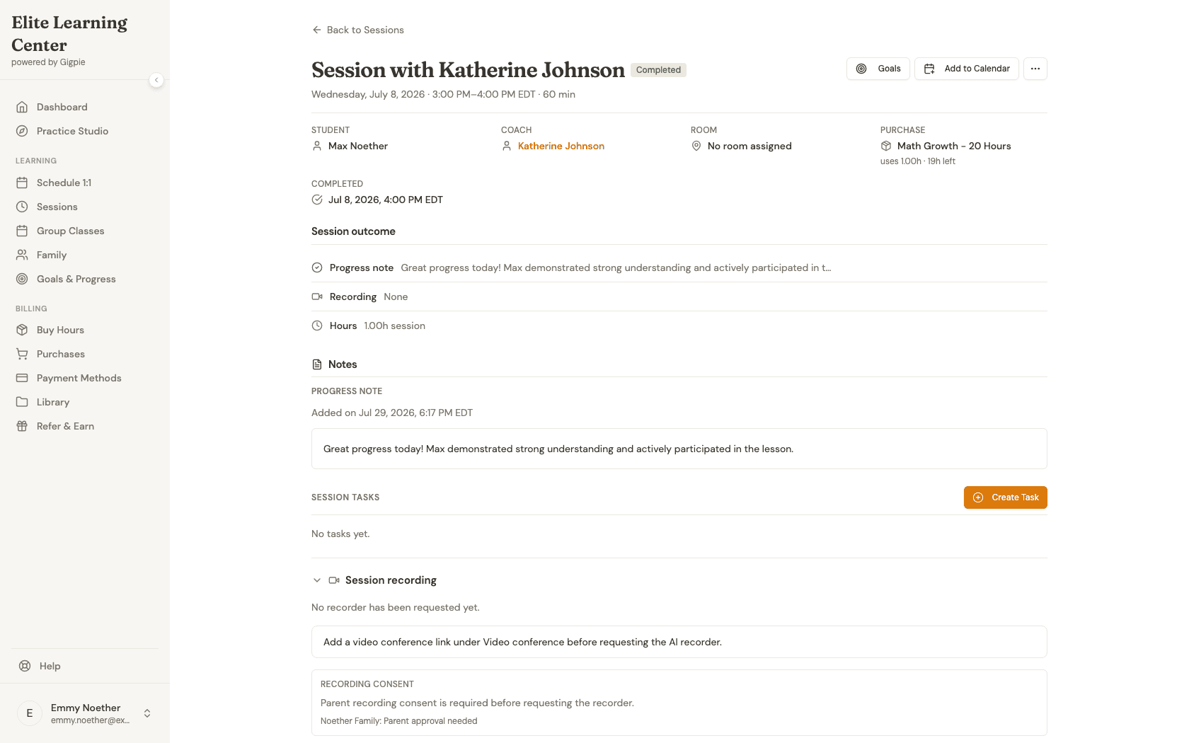 Session detail page for a completed session showing a progress note indicator