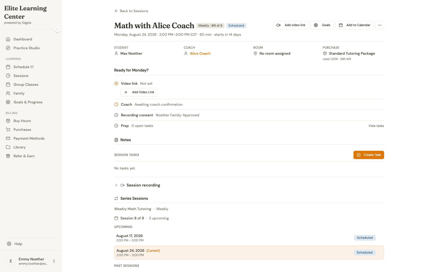 Session detail page showing student, coach, purchase, and series information