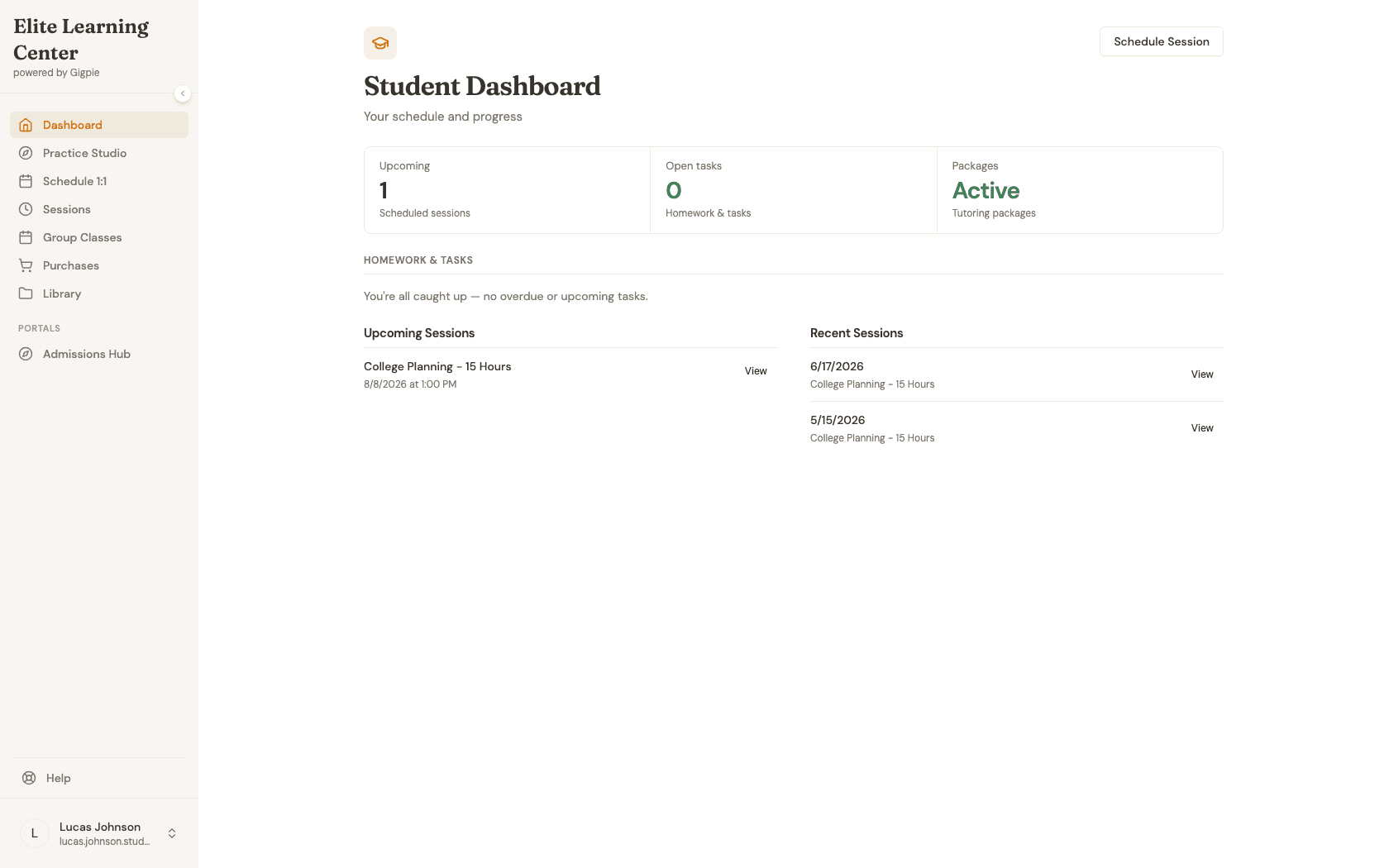 Student Dashboard after signing in