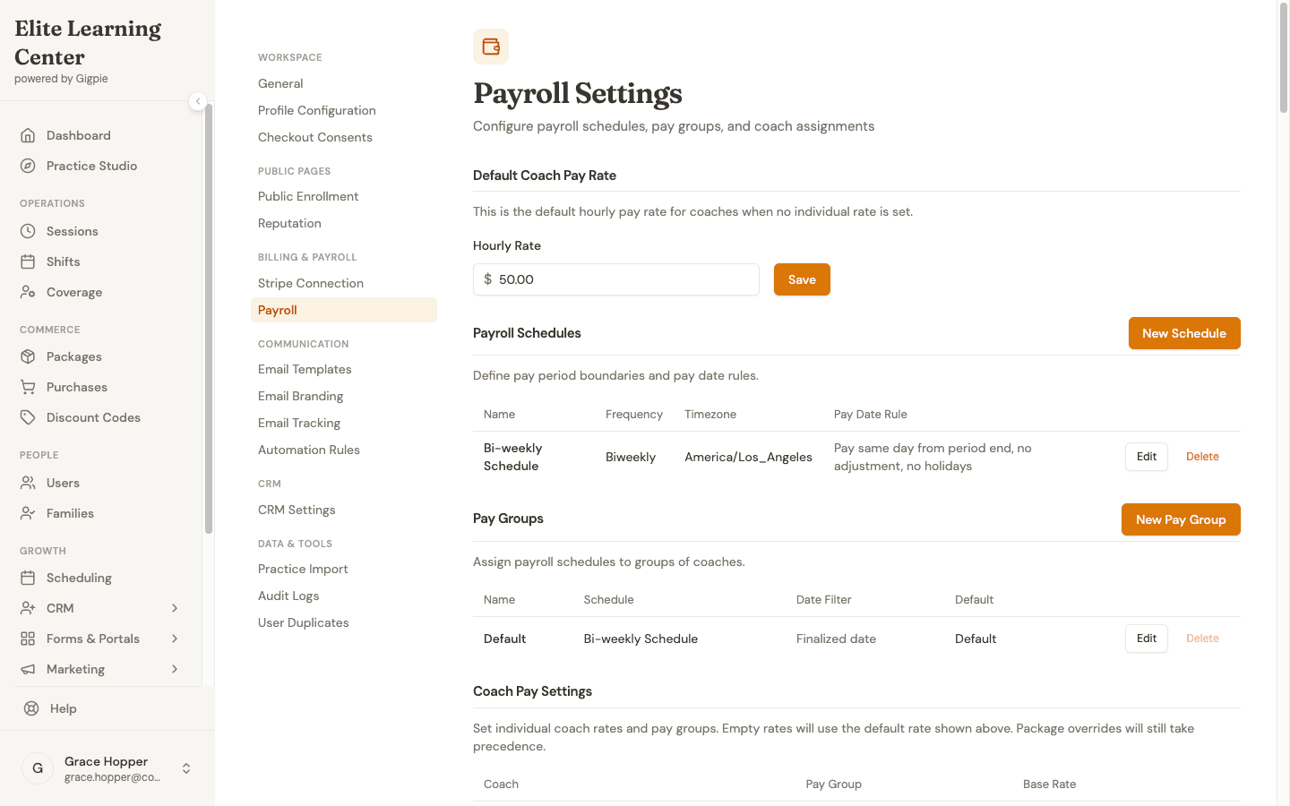 Payroll settings showing a default hourly pay rate, a biweekly pay schedule, and a coach pay-rate table for the Default pay group