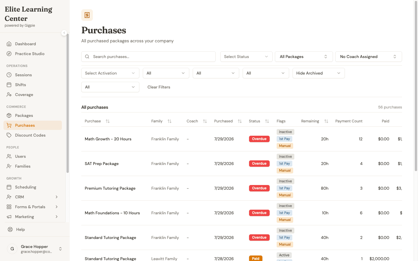 Purchases list filtered to packages with no coach assigned, showing remaining hours and overdue flags across 56 purchases