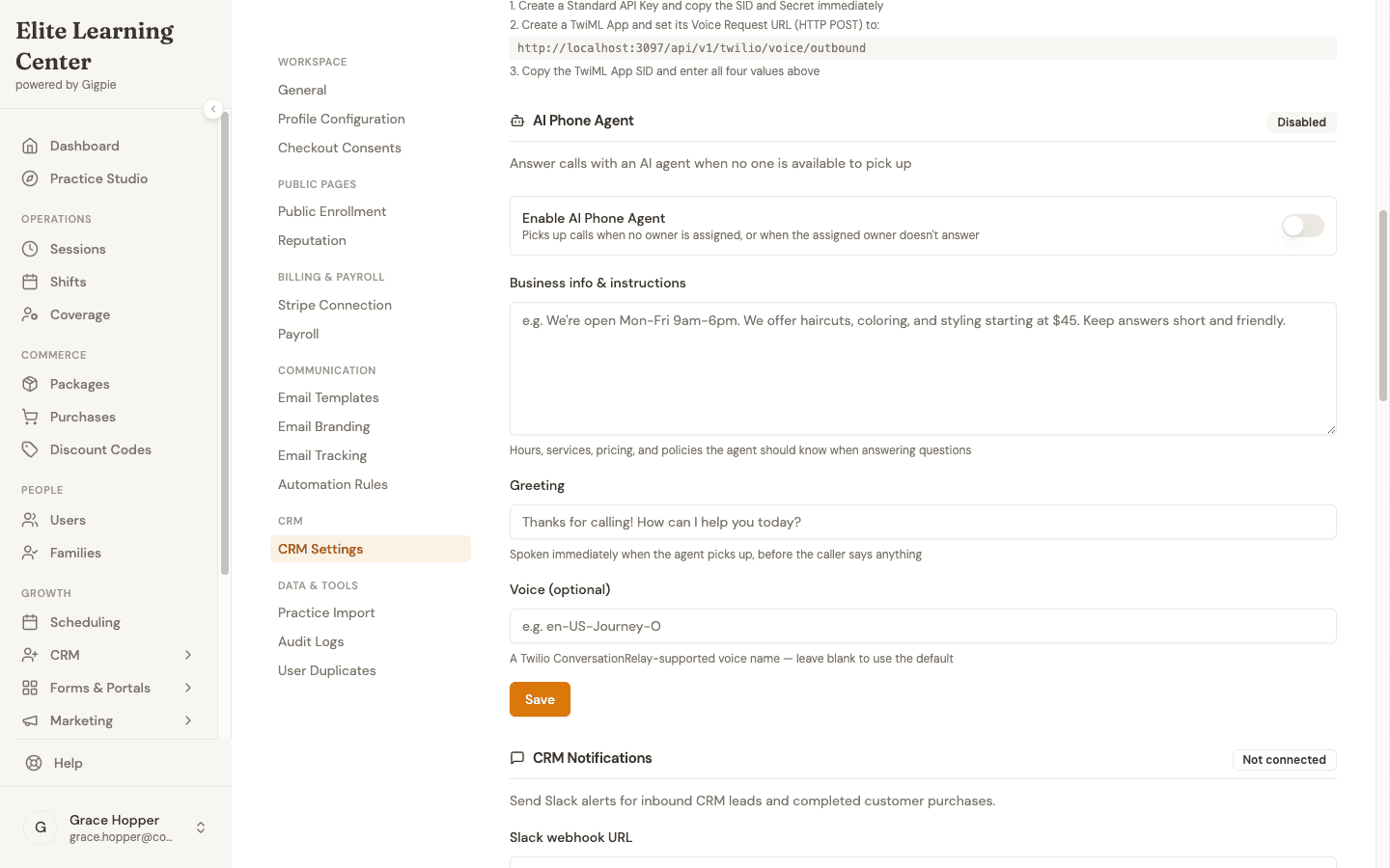 The AI Phone Agent settings panel showing its four fields: an enable toggle, business info and instructions, a greeting, and an optional voice