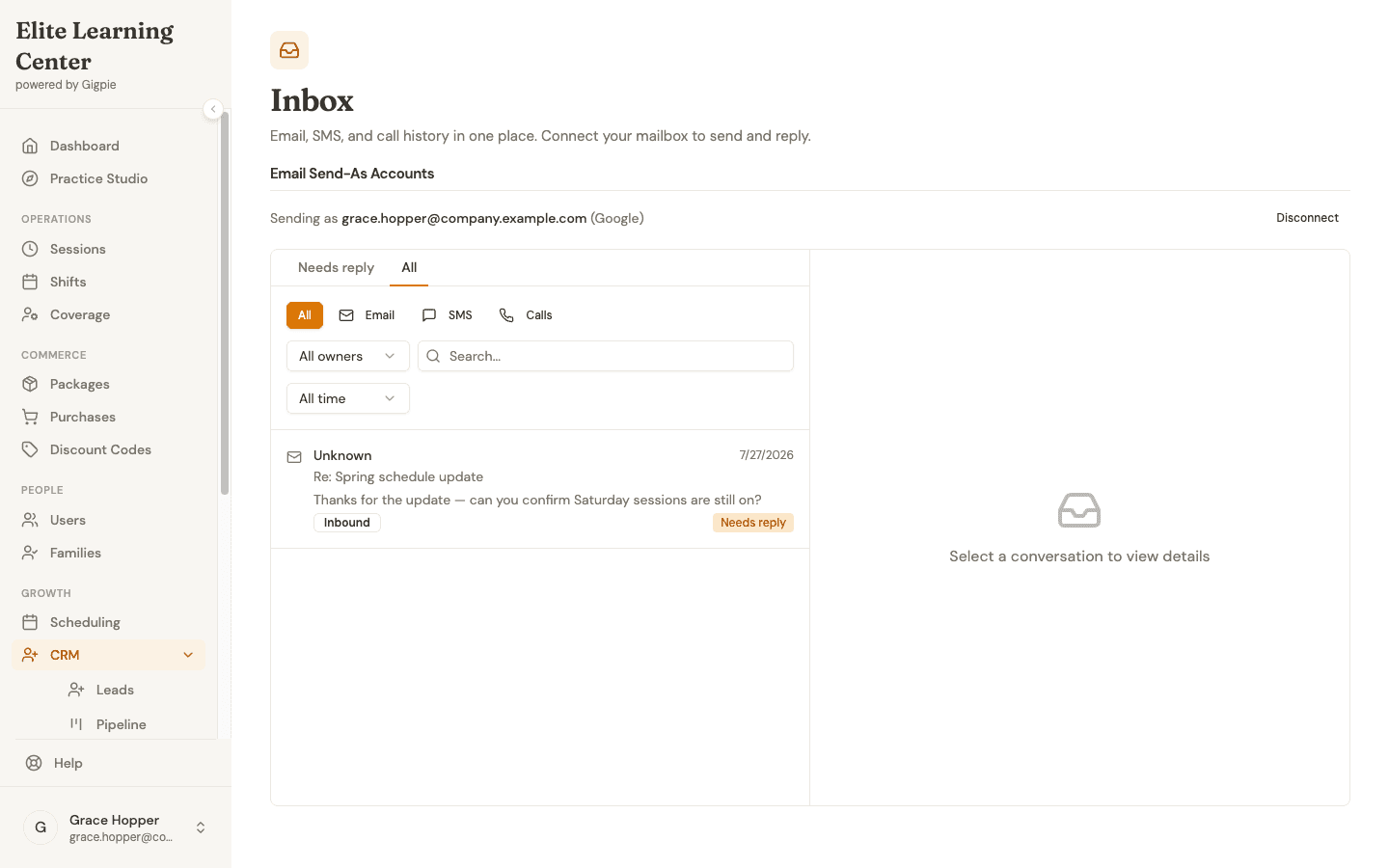 The CRM inbox showing a lead's conversations in one list, with channel filters for email, SMS, and calls