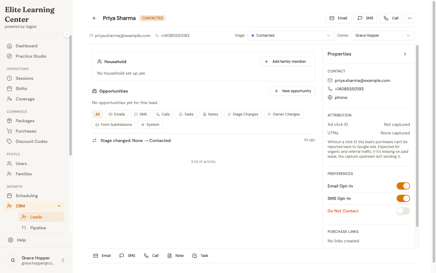 A lead's detail page with the compose bar at the bottom offering email, SMS, call, note, and task actions